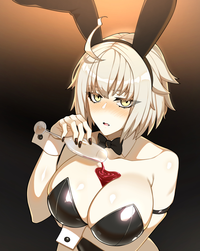 1girl absurdres alcohol animal_ears bangs black_leotard breasts collarbone cup detached_collar drinking_glass fake_animal_ears fate/grand_order fate_(series) grey_hair highres hyperbudd jeanne_d'arc_alter_(avenger)_(fate) jeanne_d'arc_alter_(fate) large_breasts leotard looking_at_viewer open_mouth playboy_bunny pouring pouring_onto_self rabbit_ears short_hair solo wine wine_glass wrist_cuffs yellow_eyes