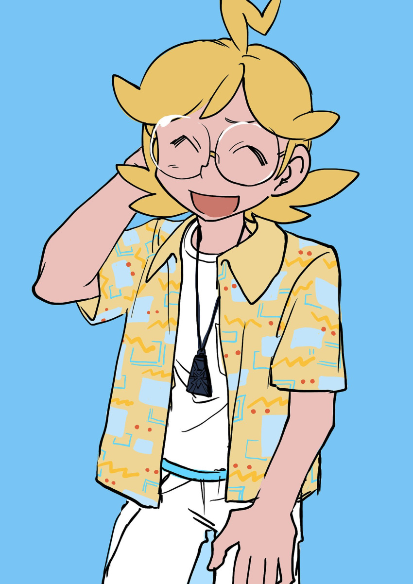 1boy :d ^_^ ahoge alternate_costume blonde_hair blue_background clemont_(pokemon) closed_eyes closed_mouth collared_jacket commentary elizabeth_(tomas21) flipped_hair glasses hand_on_own_thigh hand_up happy highres jacket jewelry male_focus medium_hair necklace open_clothes open_jacket open_mouth pants pokemon pokemon_(game) pokemon_xy round_eyewear shirt short_sleeves simple_background smile solo white_pants white_shirt yellow_jacket