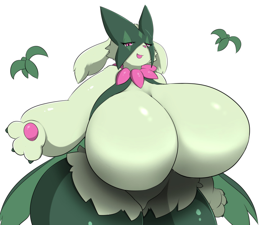 3_fingers anthro big_breasts big_butt breasts butt featureless_breasts female fingers fur generation_9_pokemon green_body green_fur hi_res huge_breasts kify meowscarada nintendo open_mouth pink_eyes pokemon pokemon_(species) smile solo standing thick_thighs