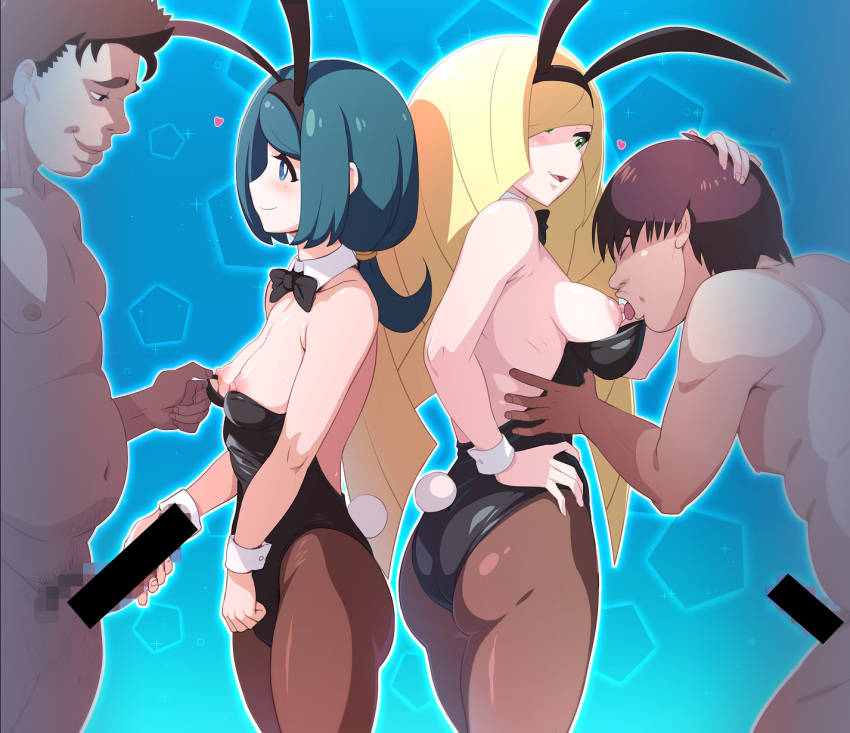 2boys 2girls :d animal_ears ass back bar_censor bare_shoulders black_eyes blonde_hair blue_eyes blue_hair blush bow bowtie breasts brown_hair brown_pantyhose censored cleavage clothed_female_nude_male completely_nude detached_collar erection ero_kaeru fake_animal_ears freckles green_eyes hand_on_hip handjob heart hetero highres lana's_mother_(pokemon) licking licking_nipple long_hair lusamine_(pokemon) male_pubic_hair mosaic_censoring multiple_boys multiple_girls navel nude pantyhose penis pokemon pokemon_(game) pokemon_sm ponytail pubic_hair rabbit_ears rabbit_tail small_breasts smile tail wrist_cuffs