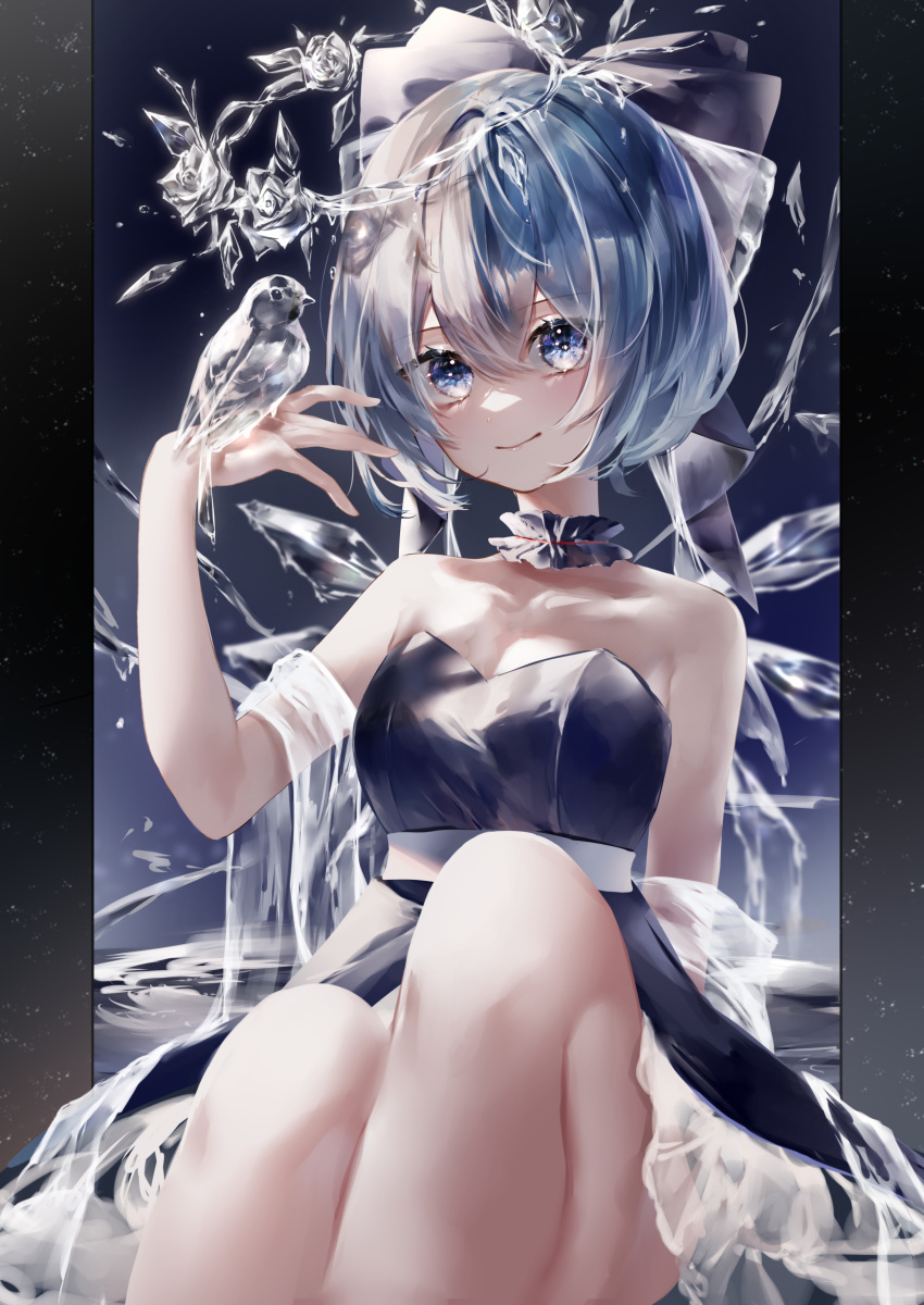 1girl absurdres arm_support bangs bare_legs bare_shoulders bird bird_on_hand blue_background blue_bow blue_choker blue_dress blue_eyes blue_hair blurry bow breasts choker cirno cleavage commentary depth_of_field dress eyelashes feet_out_of_frame flower frilled_choker frilled_dress frills gradient gradient_background hair_between_eyes hair_bow hand_up head_tilt head_wreath highres ice ice_rose ice_sculpture ice_wings light_blush lips looking_at_object ripples rose see-through_shawl shawl short_hair sitting small_breasts smile solo thighs touhou water white_shawl wings yukia_(yukia_777)