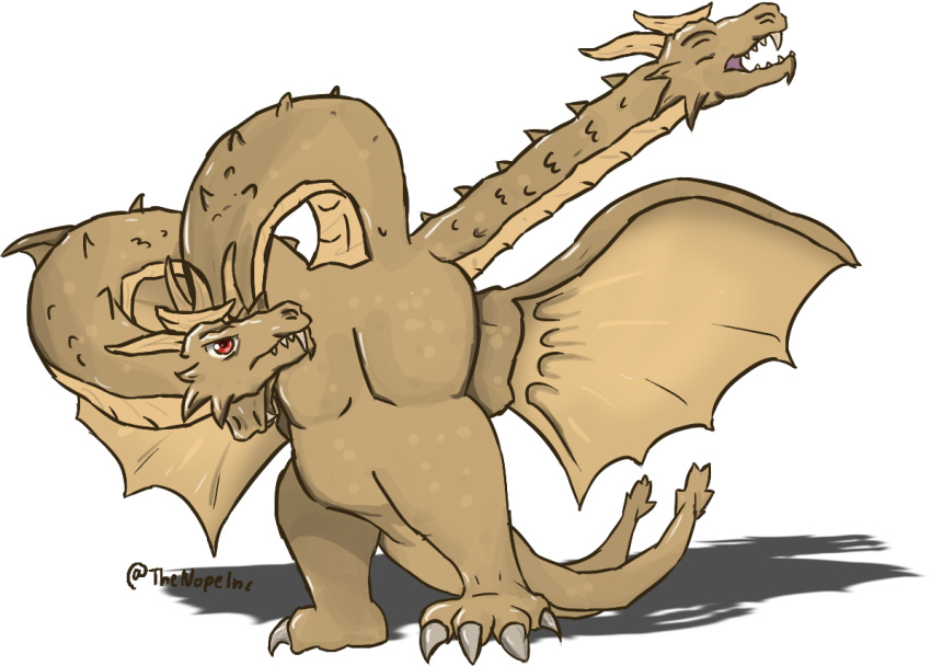 2018 2_tails 3_heads anthro biped brown_body brown_horn brown_skin brown_tail dabbing digital_media_(artwork) eyes_closed front_view full-length_portrait godzilla_(series) horn hydra kaiju king_ghidorah male male_anthro meme multi_head multi_tail open_mouth portrait red_eyes shadow sharp_teeth signature solo spread_wings standing tail tanaynanay teeth toho wings