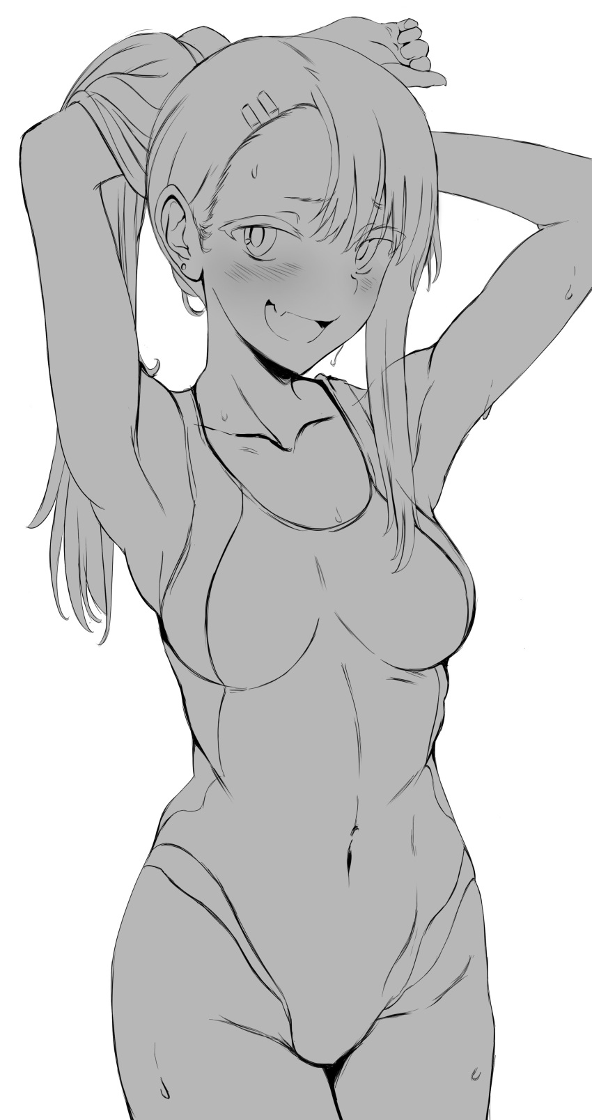 1girl absurdres armpits arms_behind_head breasts fang greyscale hair_ornament hairclip head_cha_la highres ijiranaide_nagatoro-san long_hair medium_breasts monochrome nagatoro_hayase one-piece_swimsuit open_mouth smile solo sweat sweatdrop swimsuit white_background