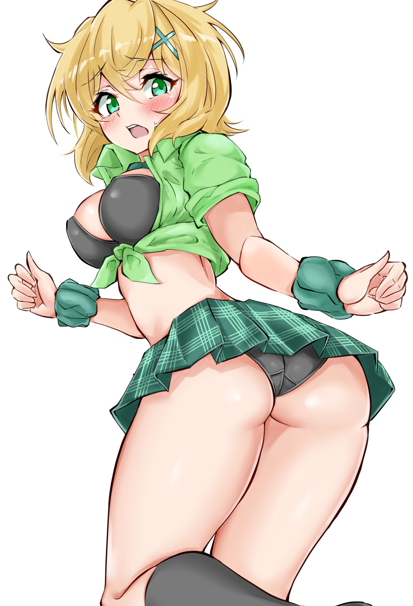 1girl absurdres akatsuki_kirika ass bikini bikini_under_clothes black_bikini blonde_hair blush breasts cross-laced_clothes cross-laced_cutout cross-laced_top freedom_xdrive from_behind green_eyes hair_ornament highres looking_at_viewer looking_back medium_breasts senki_zesshou_symphogear shiny_hair shiny_skin short_hair simple_background skirt solo swimsuit white_background x_hair_ornament