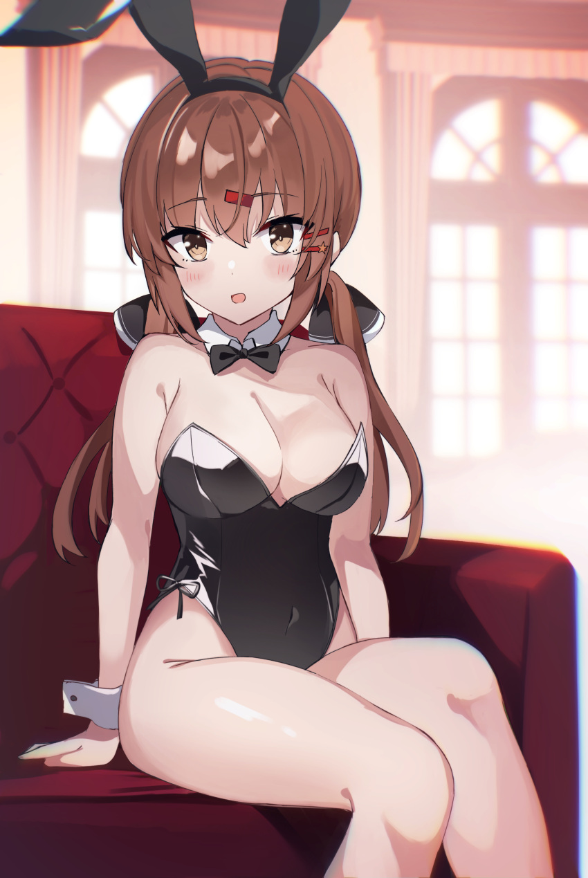 1girl absurdres alternate_costume animal_ears bare_legs black_bow black_leotard blush bow bowtie breasts brown_eyes brown_hair couch day detached_collar fake_animal_ears fathom hair_bow hair_ornament hairclip highres indoors kantai_collection leotard long_hair looking_at_viewer low_twintails medium_breasts open_mouth playboy_bunny rabbit_ears side-tie_leotard sitting smile solo star_(symbol) strapless strapless_leotard tashkent_(kancolle) traditional_bowtie twintails window wrist_cuffs
