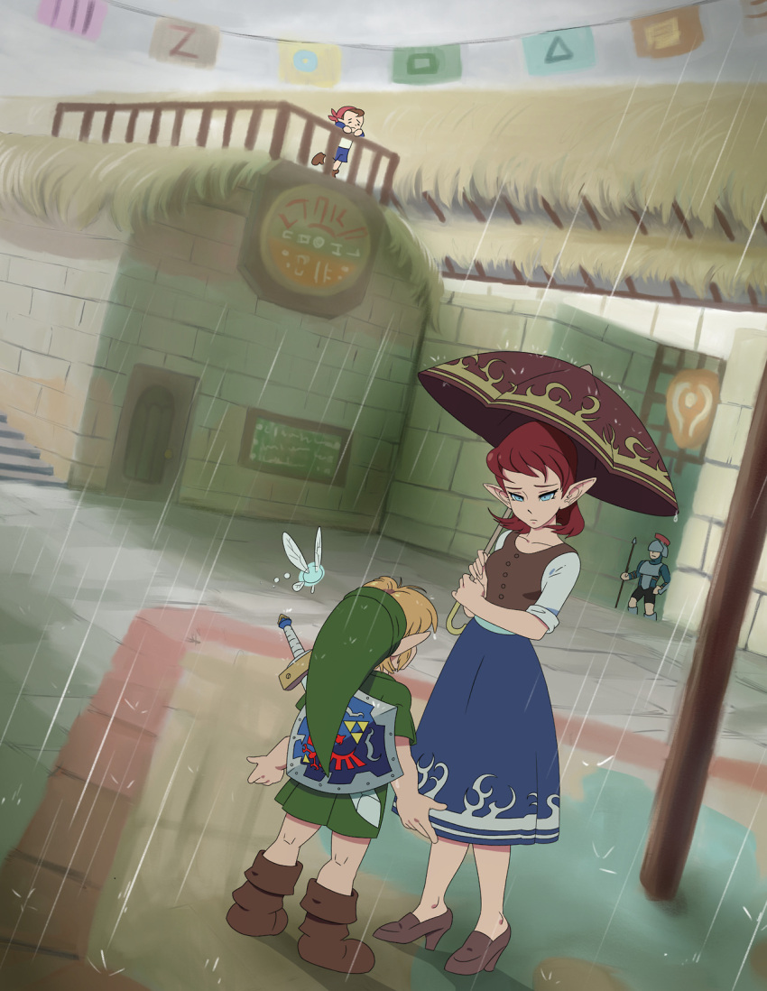 anju armor artist_request blonde_hair blue_skirt bombers boots brown_hair fairy green_headwear green_tunic highres holding holding_umbrella holding_weapon link looking_at_another pointy_ears rain red_headwear shield skirt sword tatl the_legend_of_zelda the_legend_of_zelda:_majora's_mask umbrella weapon