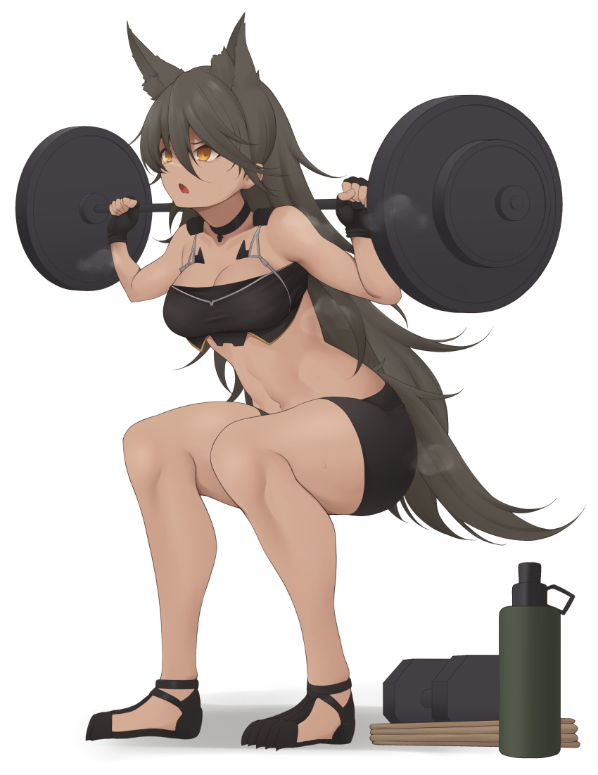 1girl absurdres act_(xadachit) animal_ears bangs bare_shoulders black_footwear black_gloves body_markings bottle breasts commission cr-21_(girls'_frontline) dark-skinned_female dark_skin dumbbell extra_ears full_body girls'_frontline gloves grey_hair highres holding long_hair medium_breasts navel non-web_source open_mouth solo squatting steaming_body sweat tail water_bottle weights yellow_eyes