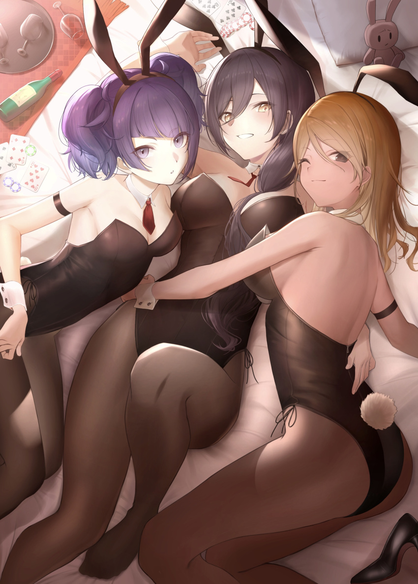 3girls :o ;) absurdres animal_ears arm_strap ass backless_leotard black_leotard black_pantyhose blush bottle breasts card cleavage cup detached_collar drinking_glass fake_animal_ears hair_between_eyes highres idolmaster idolmaster_shiny_colors izumi_mei large_breasts leotard looking_at_viewer lying medium_breasts multiple_girls necktie no_shoes on_back on_side one_eye_closed pantyhose playboy_bunny playing_card rabbit_ears rabbit_tail red_necktie seseri_aoba shirase_sakuya shoe_removed short_necktie smile strapless strapless_leotard stuffed_animal stuffed_bunny stuffed_toy tail tanaka_mamimi wine_bottle wine_glass wrist_cuffs