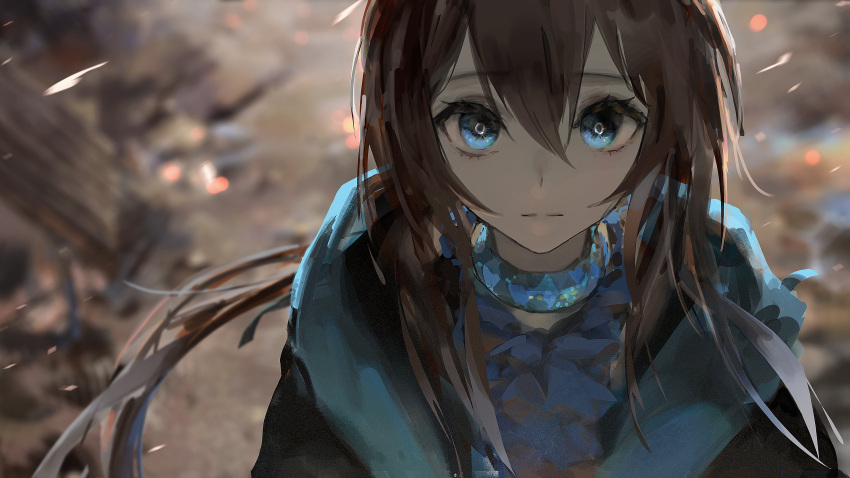 1girl absurdres amiya_(arknights) arknights ascot black_jacket blue_ascot blue_eyes blurry blurry_background brown_hair expressionless hair_between_eyes highres jacket jewelry long_hair looking_at_viewer neck_ring ponytail rsef solo sparks upper_body