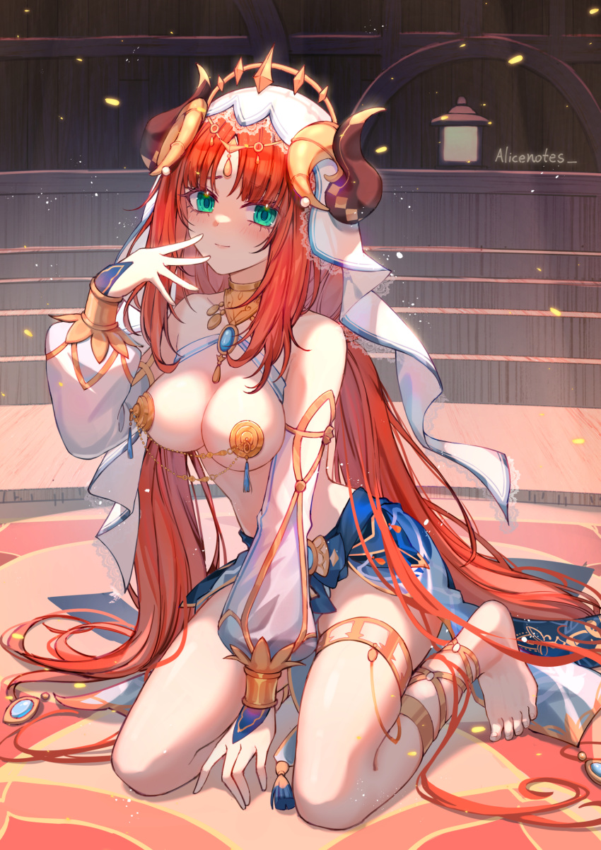 1girl absurdres anklet bangs bare_shoulders barefoot blue_skirt bracer breasts brooch circlet cleavage cleavage_cutout closed_mouth clothing_cutout detached_sleeves fake_horns feet genshin_impact green_eyes hand_up harem_outfit highres horns jewelry kneeling lixiang_guo_alice long_hair long_sleeves looking_at_viewer low_twintails medium_breasts neck_ring nilou_(genshin_impact) parted_bangs pasties puffy_long_sleeves puffy_sleeves red_hair skirt smile solo thighlet toes twintails veil very_long_hair white_headwear