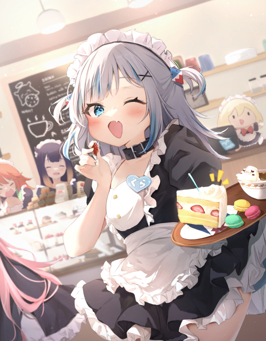 5girls alternate_costume apron bangs belt_collar black_collar black_dress blue_eyes blue_hair blush collar dress enmaided fang fish_tail food frilled_dress frills fruit gawr_gura grey_hair hair_ornament highres holding hololive hololive_english holomyth long_hair looking_at_viewer maid maid_apron maid_headdress mori_calliope multicolored_hair multiple_girls ninomae_ina'nis one_eye_closed open_mouth out_of_frame puffy_short_sleeves puffy_sleeves seboneko shark_girl shark_hair_ornament shark_tail short_dress short_sleeves sidelocks skin_fang smile smol_ame strawberry streaked_hair tail takanashi_kiara takodachi_(ninomae_ina'nis) tentacle_hair two_side_up virtual_youtuber watson_amelia x_hair_ornament