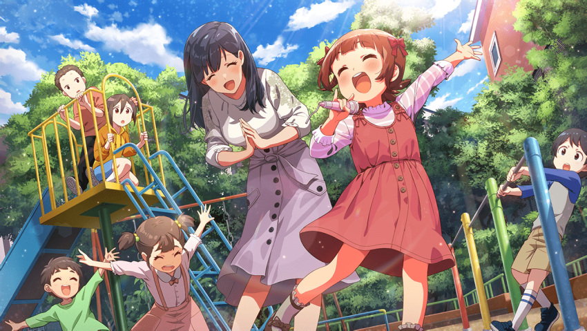3girls 4boys ^_^ ^o^ aged_down amami_haruka bangs blue_sky blunt_bangs blush brown_hair clapping closed_eyes dress hair_ribbon holding holding_microphone horizontal_bar idolmaster idolmaster_million_live! idolmaster_million_live!_theater_days kindergarten_teacher microphone multiple_boys multiple_girls official_art outdoors outstretched_arm outstretched_arms pinafore_dress playground ribbon round_teeth skirt sky slide smile suspender_skirt suspenders teacher_and_student teeth