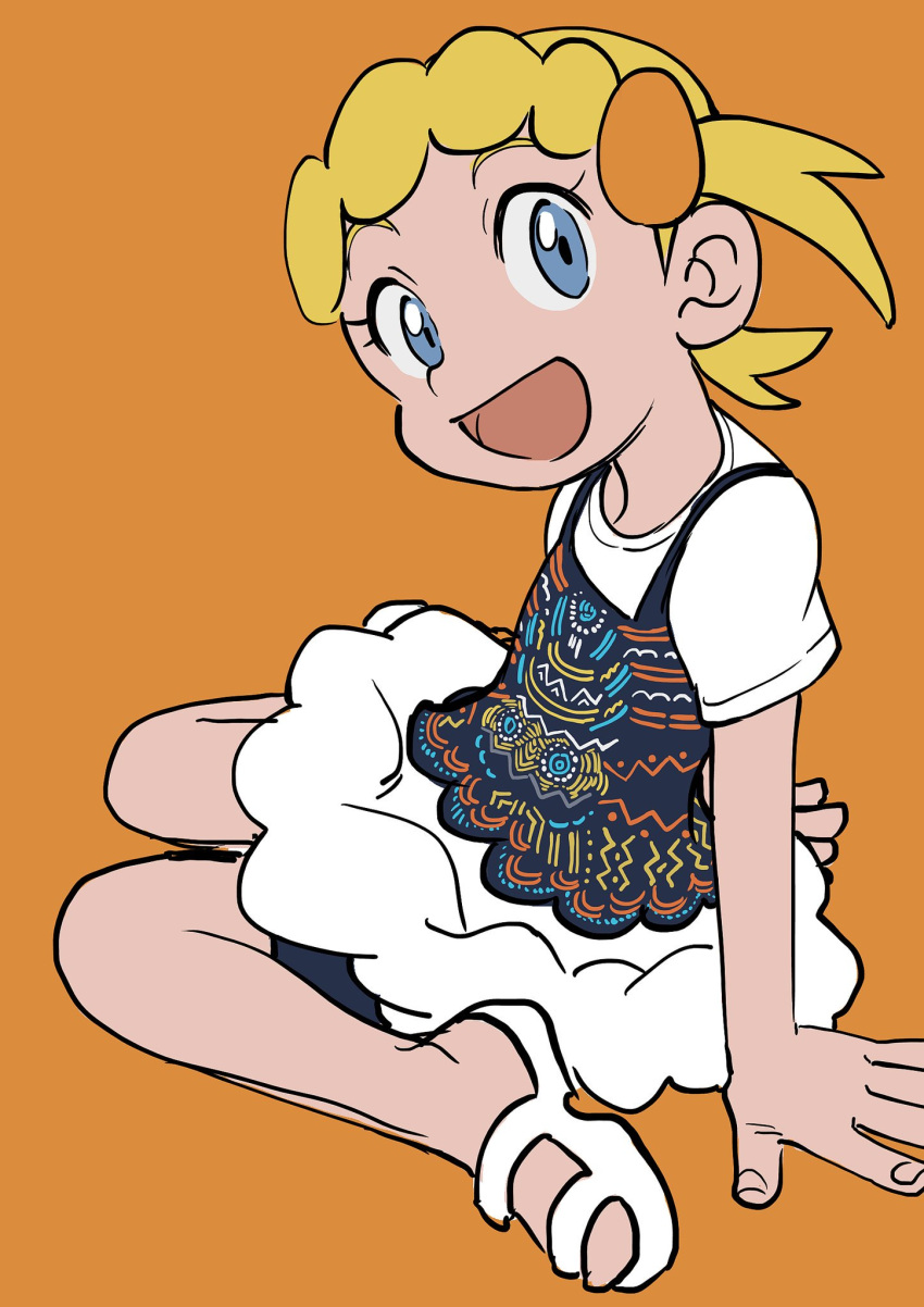 1girl :d alternate_costume arm_support black_shorts black_vest blonde_hair blue_eyes bonnie_(pokemon) commentary elizabeth_(tomas21) eyelashes fingernails hair_ornament hairclip highres looking_at_viewer open_mouth orange_background pokemon pokemon_(game) pokemon_xy shirt shoes short_sleeves shorts shorts_under_skirt simple_background sitting skirt smile solo t-shirt vest white_footwear white_shirt white_skirt