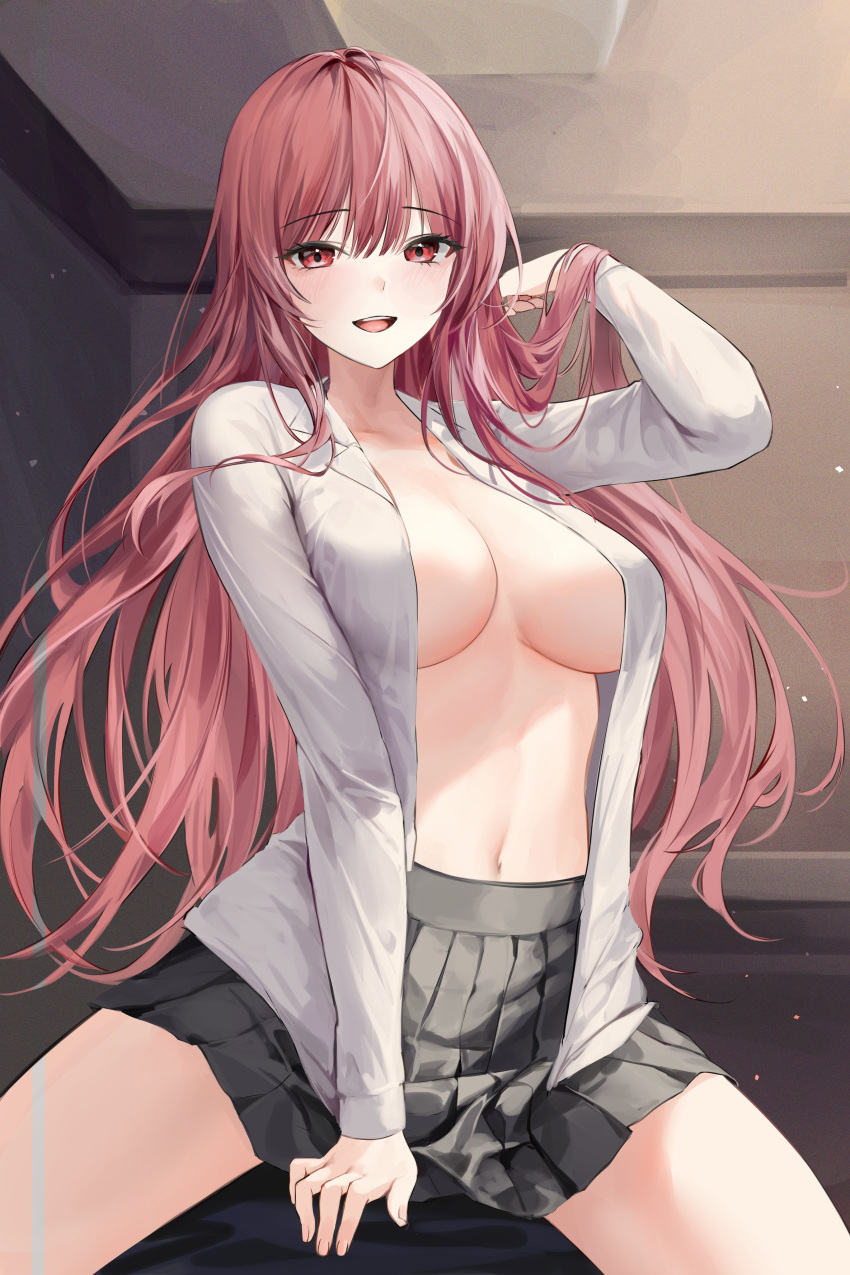 1girl :d absurdres adjusting_hair arm_up bangs black_skirt breasts commission floating_hair hand_in_own_hair highres indoors korean_commentary large_breasts lillly long_hair long_sleeves looking_at_viewer navel no_bra open_clothes open_mouth open_shirt original pleated_skirt red_eyes red_hair revision school_uniform shirt sidelocks sitting skirt smile solo stomach thighs very_long_hair white_shirt