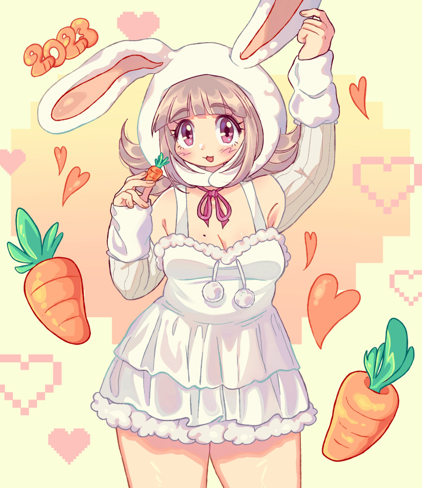 1girl 2023 :p absurdres alternate_costume animal_ears animal_hood arm_up bangs bare_shoulders blunt_bangs blush breasts cam_(makoanns) carrot cleavage cowboy_shot danganronpa_(series) danganronpa_2:_goodbye_despair detached_sleeves dress fake_animal_ears heart highres holding holding_carrot hood large_breasts long_sleeves mole mole_on_breast nanami_chiaki no_hair_ornament orange_background pink_eyes plump rabbit_hood shiny_hair smile tongue tongue_out white_dress