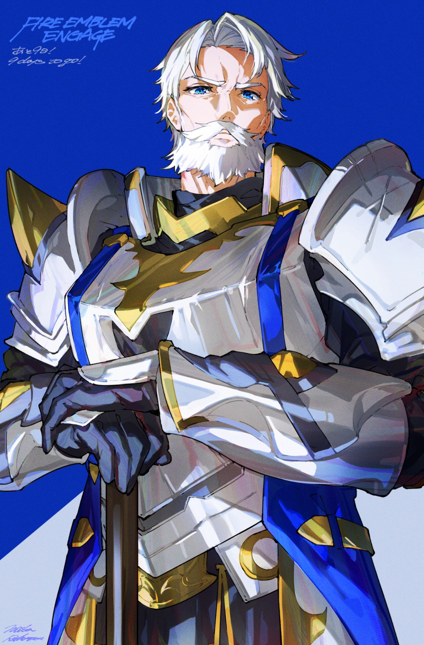 1boy armor bangs bear blue_eyes facial_hair fire_emblem fire_emblem_engage gloves highres knight long_sleeves looking_at_viewer mika_pikazo mustache official_art old old_man parted_bangs short_hair shoulder_armor vander_(fire_emblem) weapon white_hair wrinkled_skin