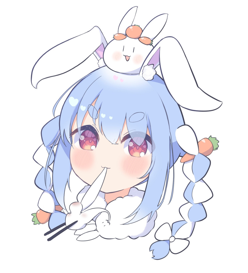 1girl :3 animal_ears blue_hair bow braid bunny-shaped_pupils carrot carrot_hair_ornament chopsticks commentary don-chan_(usada_pekora) food food-themed_hair_ornament food_in_mouth fur_scarf hair_bow hair_ornament heart highres hololive light_blush long_hair looking_at_viewer mochi multicolored_hair nananana_(nana_hololive) nousagi_(usada_pekora) portrait rabbit_ears rabbit_girl short_eyebrows simple_background solo symbol-shaped_pupils thick_eyebrows twin_braids twintails two-tone_hair usada_pekora virtual_youtuber white_background white_bow white_hair