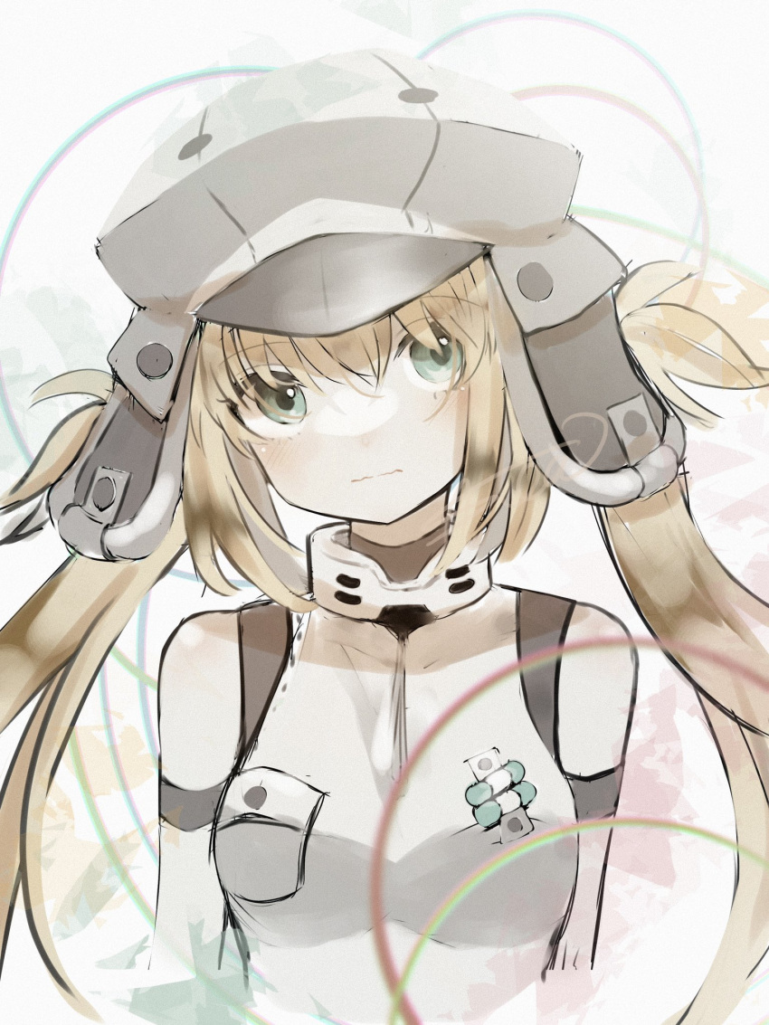 1girl artoria_caster_(fate) artoria_caster_(first_ascension)_(fate) artoria_pendragon_(fate) bangs bare_shoulders blonde_hair blush breasts buttons closed_mouth collar fate/grand_order fate_(series) fur_hat gradient gradient_background green_eyes grey_headwear hair_between_eyes hat highres long_hair looking_at_viewer medium_breasts satea solo twintails ushanka vest white_vest