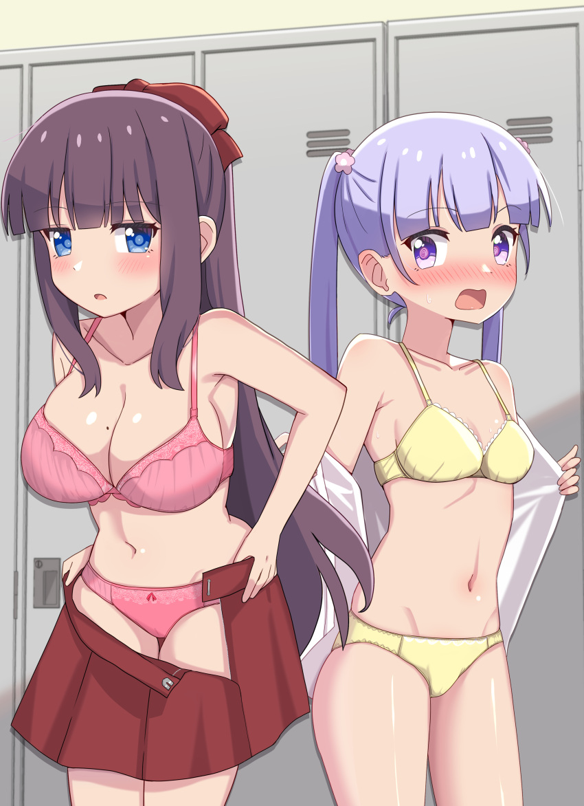 2girls absurdres ao_(flowerclasse) bare_arms bare_shoulders blue_eyes blush bow bow_panties bra breasts brown_hair cleavage clothes_pull commentary_request commission flower groin hair_bow hair_flower hair_ornament highres large_breasts locker long_hair mole mole_on_breast multiple_girls navel new_game! nose_blush open_clothes open_mouth open_shirt open_skirt panties parted_lips pink_bra pink_flower pink_panties pixiv_commission pleated_skirt purple_eyes purple_hair red_bow red_skirt shirt skirt skirt_pull small_breasts suzukaze_aoba takimoto_hifumi twintails underwear undressing very_long_hair wavy_mouth white_shirt yellow_bra yellow_panties