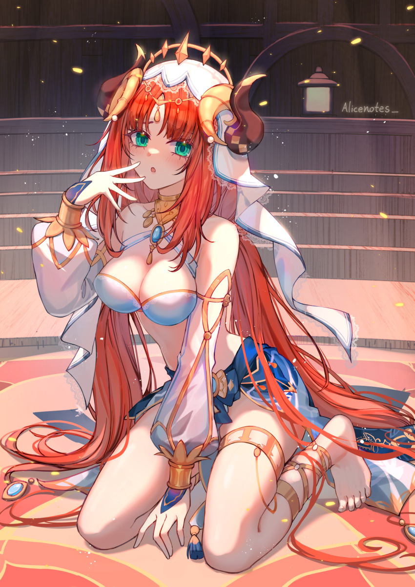 1girl :o absurdres anklet bangs bare_shoulders barefoot blue_skirt bracer breasts brooch circlet cleavage cleavage_cutout clothing_cutout commentary_request detached_sleeves fake_horns feet genshin_impact green_eyes hand_up harem_outfit highres horns jewelry kneeling lixiang_guo_alice long_hair long_sleeves looking_at_viewer low_twintails medium_breasts neck_ring nilou_(genshin_impact) open_mouth parted_bangs puffy_long_sleeves puffy_sleeves red_hair skirt solo thighlet toes twintails veil very_long_hair white_headwear