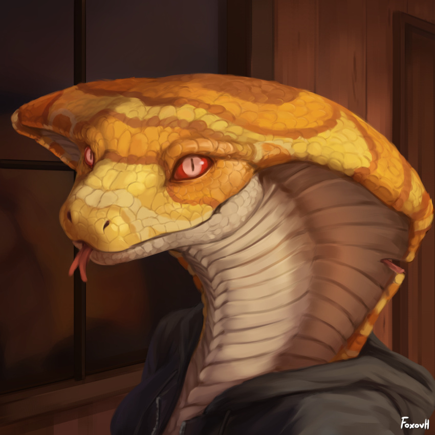 1:1 2021 anthro clothed clothing countershade_face countershade_scales countershading detailed detailed_scales digital_media_(artwork) digital_painting_(artwork) forked_tongue foxovh headshot_portrait hi_res hoodie icon portrait red_sclera reptile scales scalie shaded snake solo tongue tongue_out topwear white_body white_scales yellow_body yellow_scales