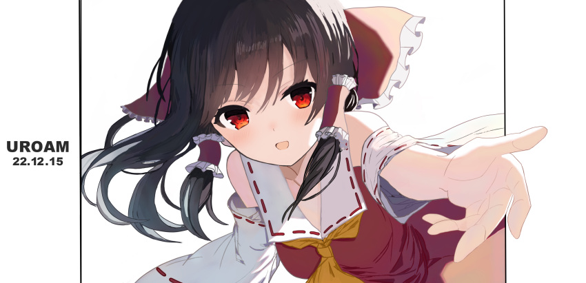 1girl artist_name bangs black_hair blurry blush bow breasts collar collarbone dated depth_of_field detached_sleeves dot_nose dress eyelashes frilled_bow frilled_hair_tubes frills hair_between_eyes hair_bow hair_tubes hakurei_reimu highres japanese_clothes long_hair looking_at_viewer medium_breasts miko neckerchief open_hand open_mouth outstretched_arm reaching_towards_viewer red_bow red_dress red_eyes red_ribbon ribbon ribbon-trimmed_collar ribbon-trimmed_sleeves ribbon_trim sidelocks simple_background smile solo touhou uroam v-shaped_eyebrows white_background white_collar white_sleeves wide_sleeves yellow_neckerchief