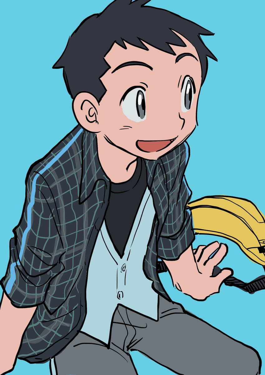 1boy :d alternate_costume aqua_background arm_support bag_removed bangs black_hair black_shirt buttons commentary elizabeth_(tomas21) grey_eyes grey_pants highres jacket looking_to_the_side lucas_(pokemon) male_focus open_clothes open_jacket open_mouth pants pokemon pokemon_(game) pokemon_dppt shirt short_hair simple_background sitting smile solo tongue vest yellow_bag