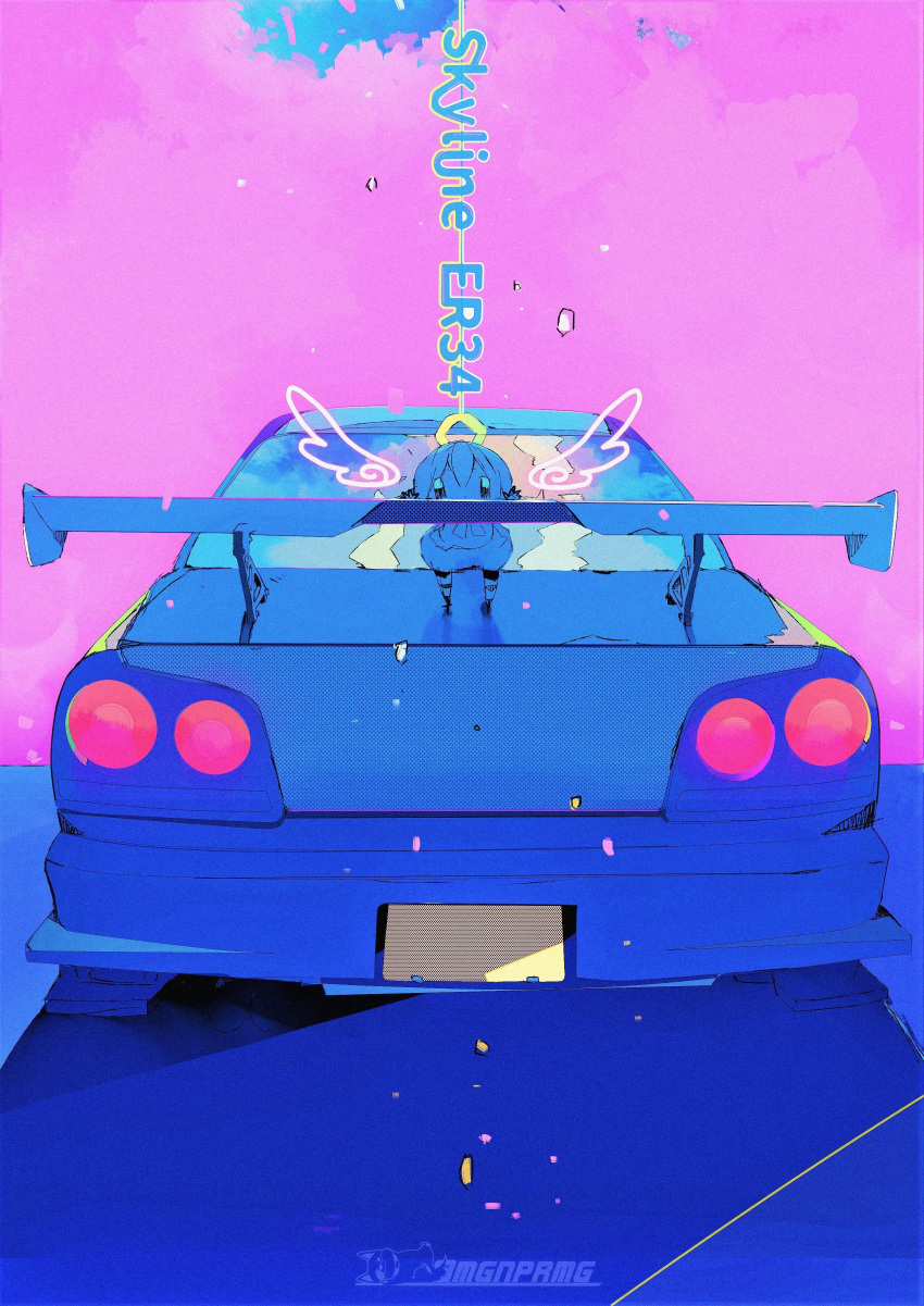 1girl absurdres blue_theme car chibi drawn_wings from_behind ground_vehicle highres license_plate limited_palette megaron motor_vehicle nissan nissan_skyline_gt-r original purple_background shadow spoiler_(automobile) tail_lights vehicle_focus vehicle_name watermark