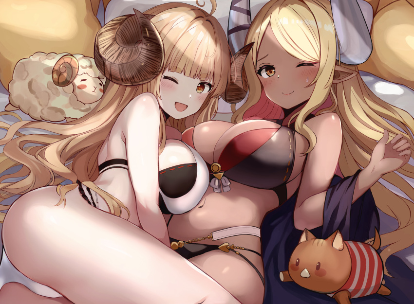 2girls absurdres ahoge anila_(granblue_fantasy) anila_(summer)_(granblue_fantasy) bikini blonde_hair boar breasts brown_eyes brown_hair commission dark-skinned_female dark_skin draph granblue_fantasy highres horns kumbhira_(granblue_fantasy) kumbhira_(summer)_(granblue_fantasy) large_breasts long_hair multiple_girls myown navel on_bed one_eye_closed pixiv_commission pointy_ears sheep smile swimsuit thick_eyebrows