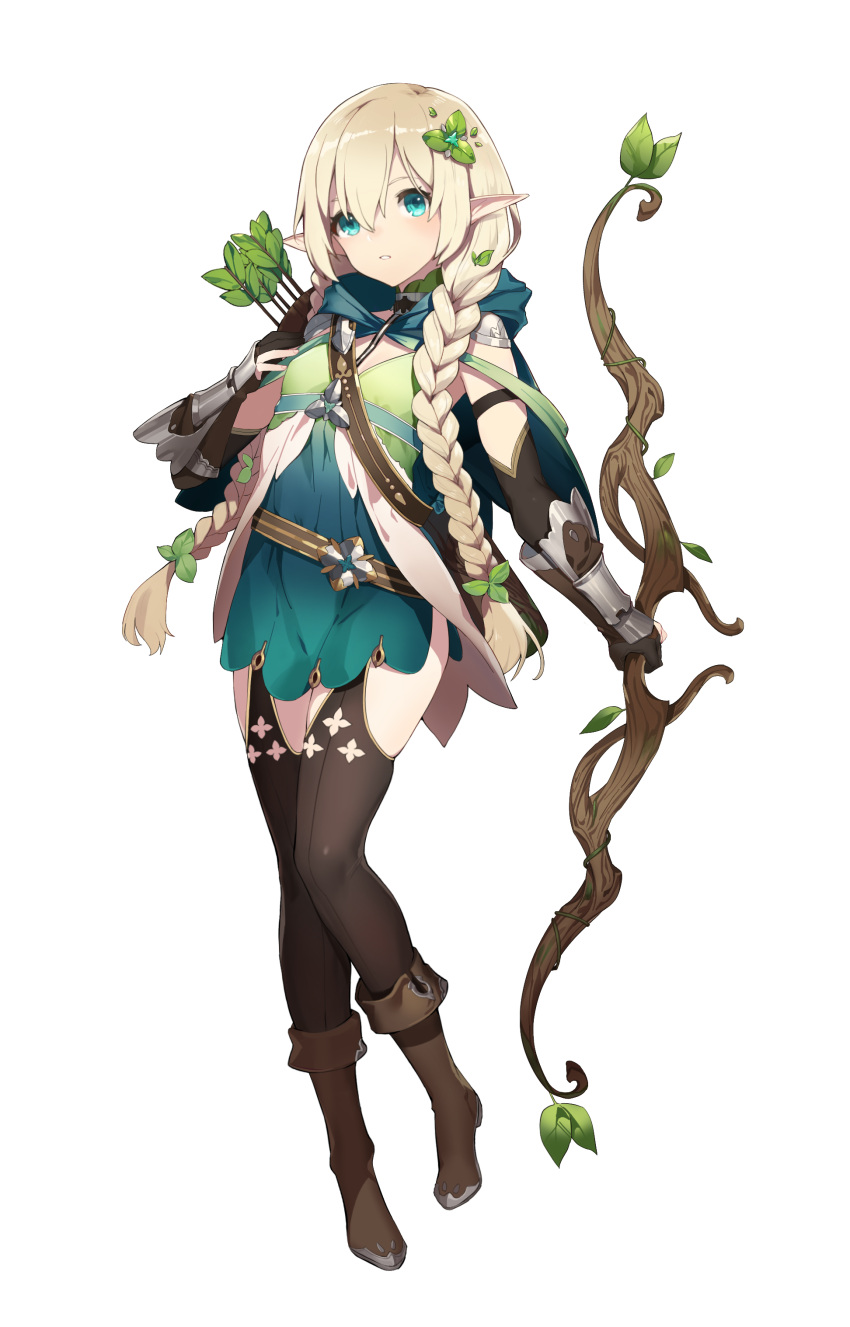 1girl absurdres aqua_eyes arrow_(projectile) artist_request bangs blonde_hair boots bow_(weapon) braid brown_footwear capelet dress eversoul fold-over_boots full_body gauntlets green_dress highres holding holding_bow_(weapon) holding_weapon knee_boots lewayne_(eversoul) long_hair looking_at_viewer low_twin_braids official_art parted_lips pointy_ears simple_background solo tachi-e thighhighs transparent_background twin_braids weapon wooden_bow_(weapon)