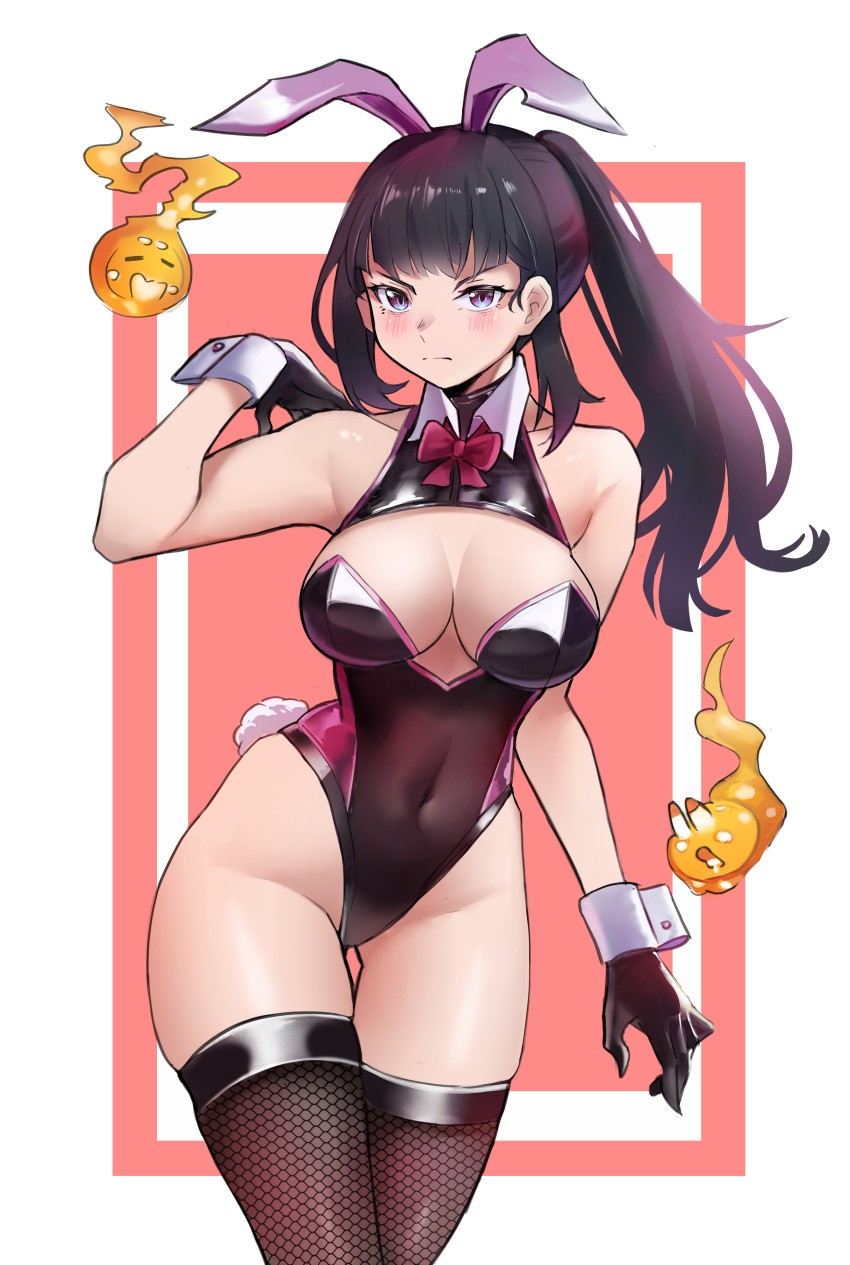 1girl absurdres alternate_costume animal_ears arm_up bare_arms bare_shoulders black_hair black_leotard blush bow bowtie breasts closed_mouth covered_navel detached_collar dnumde en'en_no_shouboutai fire fishnet_thighhighs fishnets flame highleg highleg_leotard highres hitodama large_breasts leotard long_hair maki_oze playboy_bunny ponytail purple_eyes rabbit_ears rabbit_tail red_bow red_bowtie solo tail thigh_gap thighhighs thighs v-shaped_eyebrows wide_hips wrist_cuffs