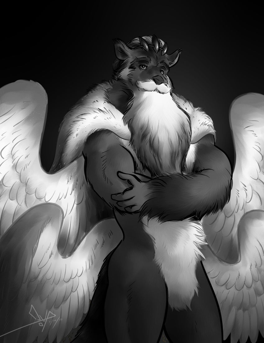 anthro beard bgn black_white cape clothing crown demon detailed detailed_fur facial_hair feathers fluffy hi_res hybrid king_douxthos male male/male mustache null_bulge solo spread_wings wings