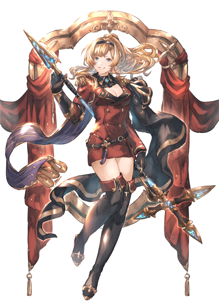 1girl black_footwear black_gloves black_hairband blonde_hair boots breasts cleavage dress floating_hair full_body gloves granblue_fantasy green_eyes grin hairband highres holding holding_polearm holding_weapon long_hair long_sleeves medium_breasts polearm red_dress shimatani_azu shiny_hair short_dress simple_background smile solo standing thigh_boots weapon white_background zeta_(granblue_fantasy) zettai_ryouiki