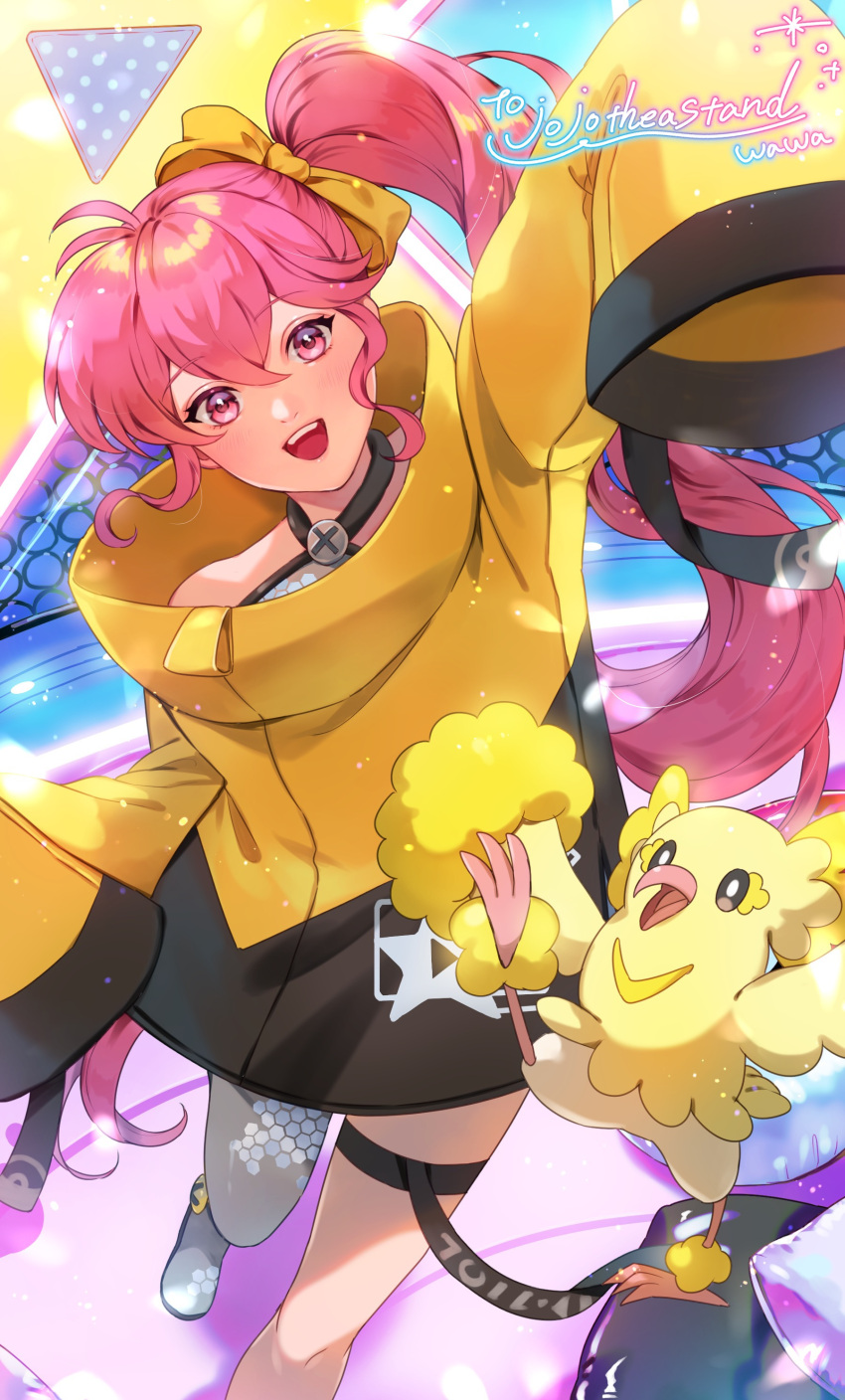 1girl :d absurdres bow commission cosplay fairouz_ai fire_emblem fire_emblem:_mystery_of_the_emblem hair_bow highres iono_(pokemon) iono_(pokemon)_(cosplay) long_sleeves oricorio oricorio_(pom-pom) phina_(fire_emblem) pink_hair pokemon pokemon_(game) pokemon_sv ponytail smile sweater voice_actor_connection wawatiku yellow_sweater