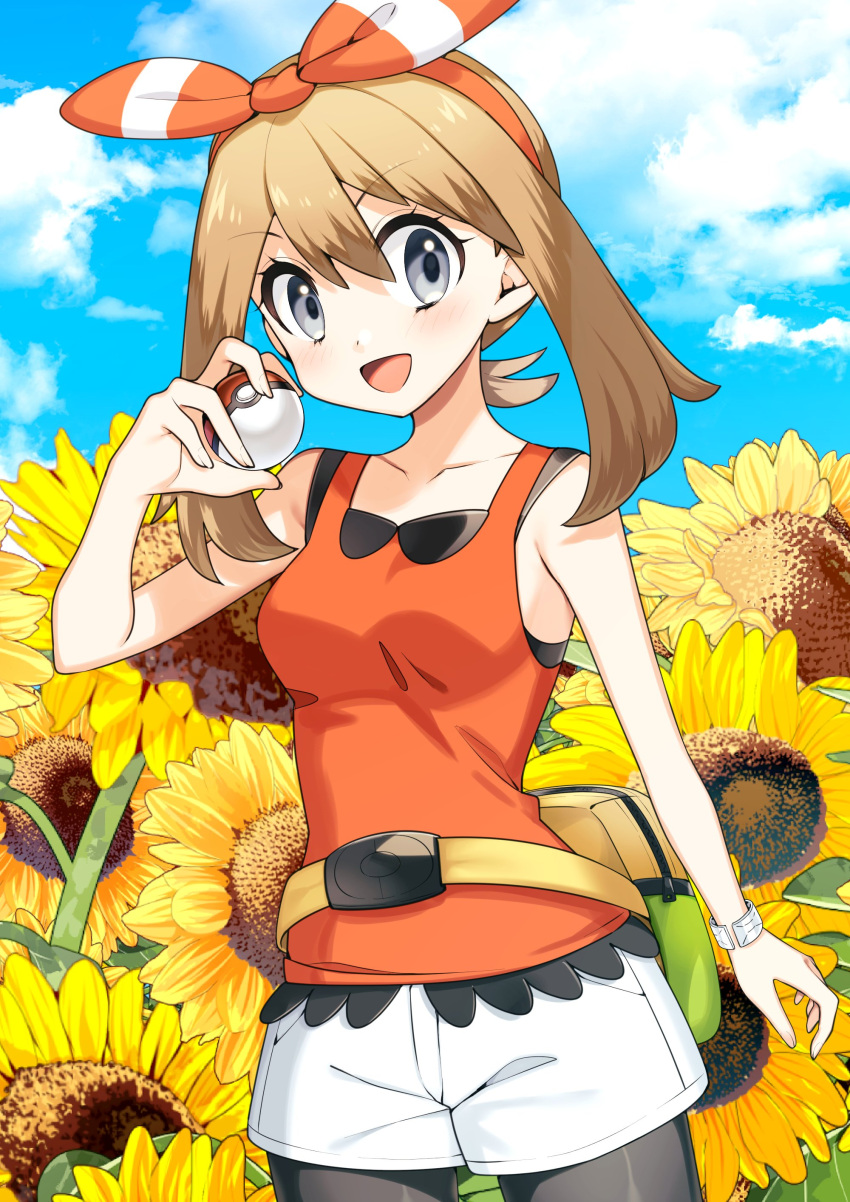 1girl :d absurdres bangs black_pantyhose blue_sky bow bow_hairband breasts brown_hair cloud collarbone day flower grey_eyes hair_between_eyes hair_bow hairband highres holding holding_poke_ball legwear_under_shorts long_hair may_(pokemon) open_mouth outdoors pantyhose poke_ball pokemon pokemon_(game) pokemon_oras red_hairband red_shirt shiny_hair shirt short_shorts shorts sky sleeveless sleeveless_shirt small_breasts smile solo striped striped_bow sunflower twintails white_shorts yellow_flower yuihico