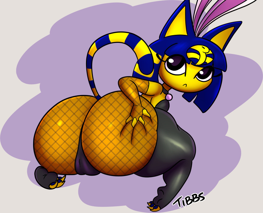 absurd_res animal_crossing ankha_(animal_crossing) anthro bent_over big_butt black_eyes blue_hair breasts butt butt_grab camel_toe choker clothing domestic_cat fake_ears fake_rabbit_ears felid feline felis female frown hair hand_on_butt hi_res huge_butt jewelry legwear leotard looking_at_viewer looking_back mammal markings necklace nintendo solo striped_markings striped_tail stripes tail tail_markings thick_thighs thigh_highs tibbs