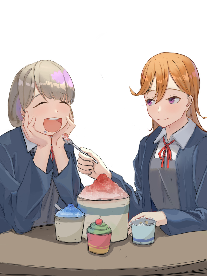 2girls :o absurdres bangs closed_eyes dessert elbows_on_table feeding food food_on_face grey_hair hair_between_eyes highres holding holding_spoon long_hair long_sleeves love_live! love_live!_superstar!! multiple_girls orange_hair purple_eyes school_uniform shaved_ice shibuya_kanon sitting smile spoon table tang_keke white_background xiaoming_(pixiv_19522187) yuri