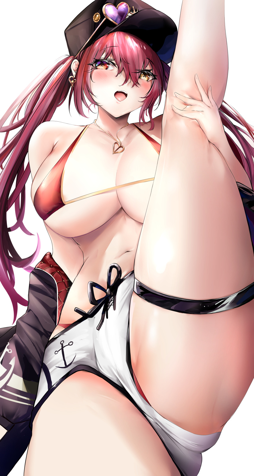 1girl absurdres anchor_symbol bangs bikini black_headwear black_jacket breasts bush cleavage eyewear_on_head hair_between_eyes heart heart-shaped_eyewear heterochromia highres hololive houshou_marine jacket kneepits large_breasts long_hair looking_at_viewer navel ner0o red_bikini red_eyes red_hair shorts simple_background smile solo split standing standing_on_one_leg standing_split sunglasses swimsuit thigh_strap thighs twintails virtual_youtuber white_background white_shorts yellow_eyes