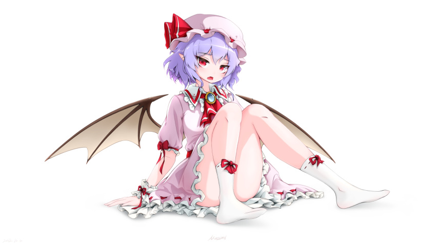 1girl arm_support ascot ass bangs bat_wings blush brooch convenient_censoring dress fang frilled_shirt_collar frills full_body hat highres jewelry knees_together_feet_apart knees_up looking_at_viewer mob_cap mucsmi petticoat pink_dress pointy_ears red_ascot red_eyes remilia_scarlet ribbon short_hair short_sleeves simple_background sitting skin_fang socks solo touhou white_background wings wrist_cuffs