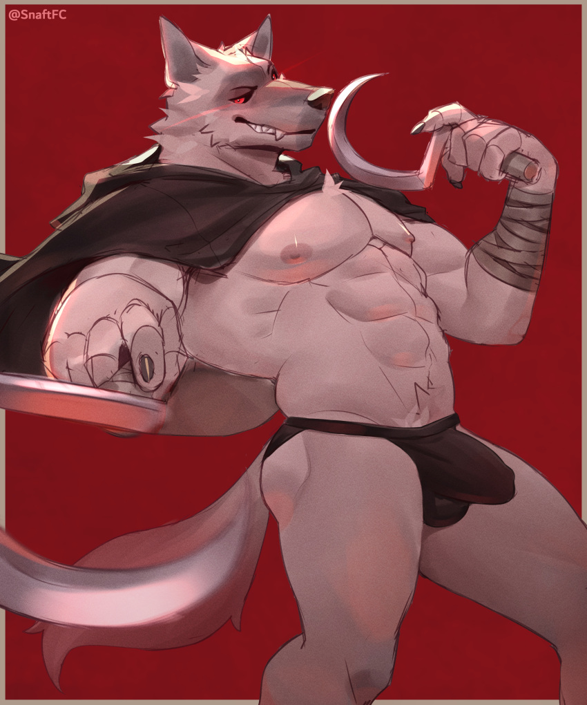 5_fingers abs absurd_res anthro bandage biceps big_bulge black_clothing black_jockstrap black_underwear bulge canid canine canis cape claws clothing death_(puss_in_boots) fangs fingers fur grey_body grey_fur hi_res hood humanoid jockstrap looking_at_viewer male male/male mammal mostly_nude muscular muscular_anthro muscular_male nipples pecs pubes red_background red_eyes sickle simple_background smile smiling_at_viewer snaftfc solo standing tail teeth underwear weapon white_body wolf
