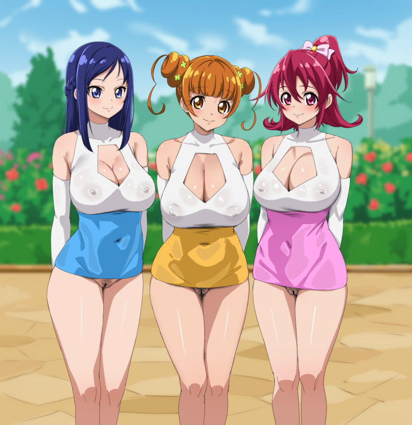 3girls absurdres aida_mana bangs bar_censor bare_shoulders blue_eyes blue_hair blue_skirt blunt_bangs bow breasts censored cleavage cleavage_cutout clothing_cutout cloud commentary covered_nipples day detached_sleeves dokidoki!_precure double_bun flower fuooooo groin hair_bow hair_bun highres hishikawa_rikka legs looking_at_viewer multiple_girls no_panties orange_eyes orange_hair orange_skirt outdoors pink_bow pink_eyes pink_skirt precure pubic_hair pussy red_hair short_twintails skirt sky smile standing twintails yotsuba_alice