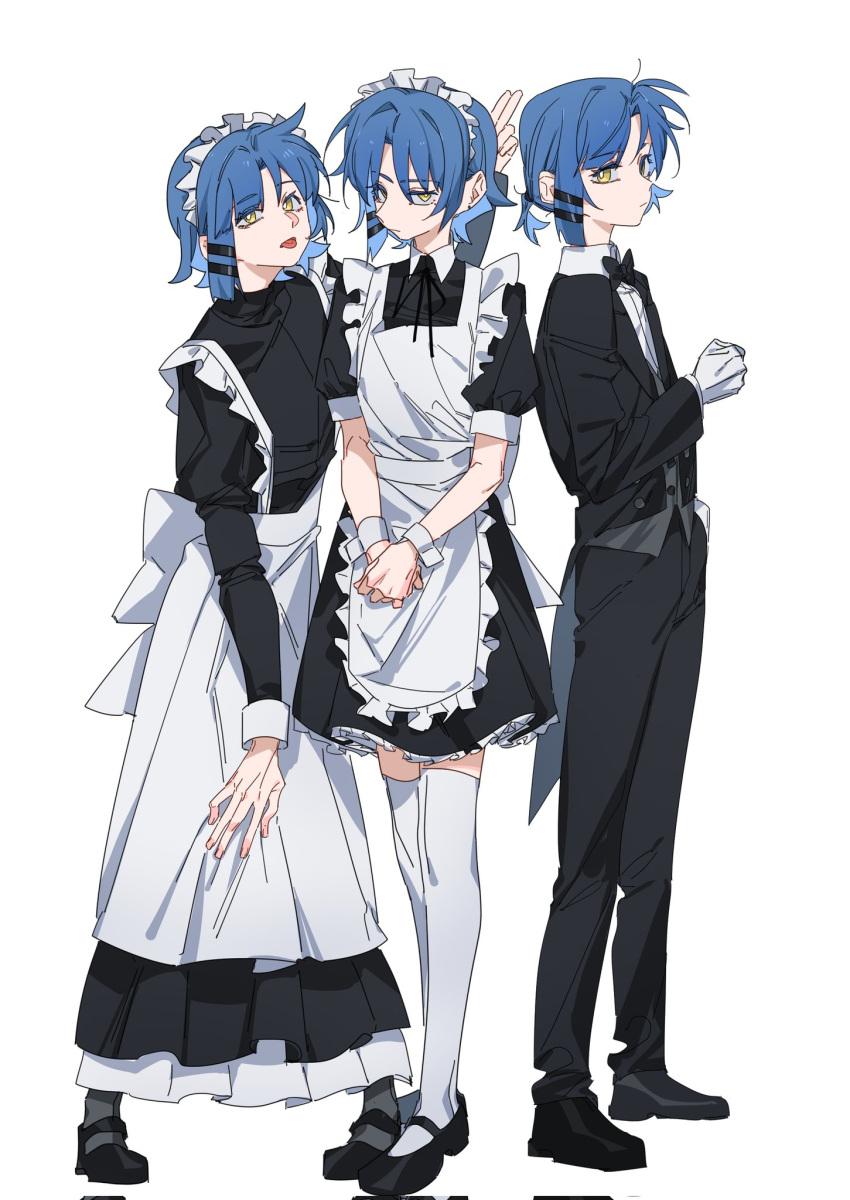 1girl alternate_costume apron bangs blue_hair bocchi_the_rock! butler female_butler formal gloves hair_ornament highres long_sleeves looking_at_viewer maid maid_apron maid_headdress mole mole_under_eye molu_stranger multiple_views official_alternate_costume pants short_hair suit thighhighs white_apron white_gloves white_thighhighs yamada_ryou yellow_eyes