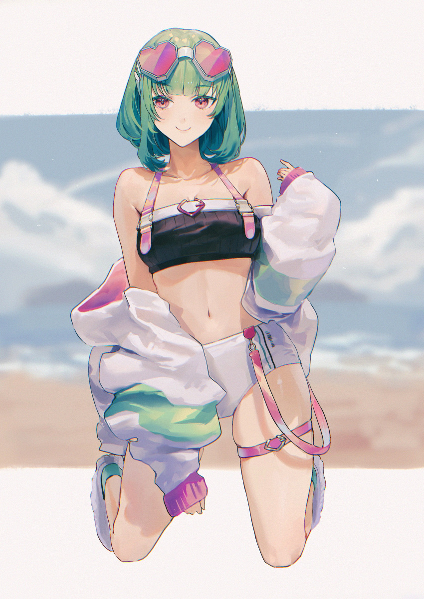 1girl absurdres bare_shoulders black_shirt breasts bub_shoku closed_mouth crop_top eyewear_on_head green_hair green_socks halterneck hand_up heart heart-shaped_eyewear highres indie_virtual_youtuber jacket kneeling long_sleeves looking_at_viewer medium_breasts micro_shorts midriff navel off_shoulder open_clothes open_jacket puffy_sleeves red_eyes ribbed_shirt shirt shoes short_hair shorts skindentation sleeveless sleeveless_shirt smile socks solo stomach sunglasses suspenders thigh_strap thighs tsukiiro virtual_youtuber white_jacket white_shorts