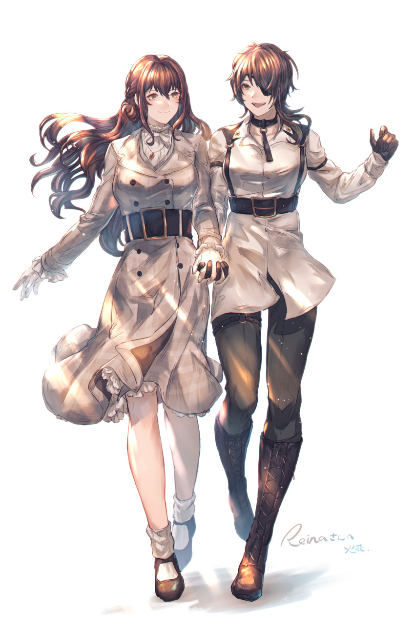 2girls bangs black_gloves black_pants boots braid brown_eyes brown_footwear brown_hair character_request closed_mouth coat commission cross-laced_footwear eyepatch full_body gem gloves grey_coat hair_between_eyes highres holding_hands interlocked_fingers jewelry knee_boots lace-up_boots long_hair long_sleeves multiple_girls open_mouth pants pendant red_gemstone shimatani_azu shiny_hair signature simple_background skeb_commission smile socks standing very_long_hair white_background white_gloves white_socks