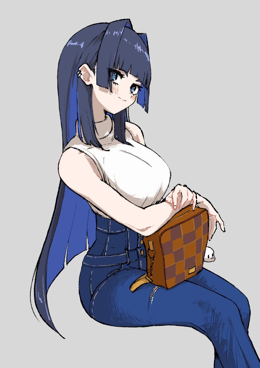 1girl bag bangs blue_eyes blue_hair blunt_bangs blush breasts denim ear_piercing handbag highres hololive hololive_english jeans long_hair medium_breasts multicolored_hair not_nodu official_alternate_costume ouro_kronii pants piercing sitting thighs torn_clothes torn_jeans torn_pants two-tone_hair virtual_youtuber