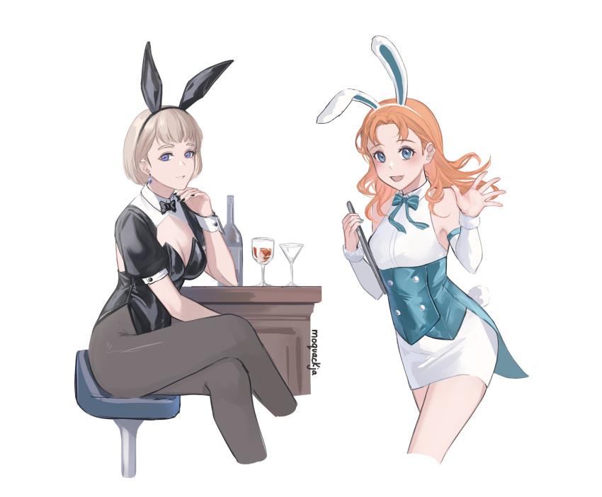 2girls :d animal_ears annette_fantine_dominic black_bow black_bowtie black_hairband black_leotard black_nails black_pantyhose blue_eyes blue_ribbon bow bowtie breasts brown_hair cleavage cropped_legs detached_sleeves dress_shirt fake_animal_ears fake_tail fire_emblem fire_emblem:_three_houses floating_hair grin hairband highleg highleg_leotard highres holding leotard long_hair long_sleeves looking_at_viewer medium_breasts mercedes_von_martritz miniskirt moja_(rainpoow) multiple_girls nail_polish neck_ribbon open_mouth pantyhose pencil_skirt rabbit_ears rabbit_tail ribbon shirt short_hair short_sleeves simple_background sitting skirt sleeveless sleeveless_shirt smile standing tail underbust white_background white_hairband white_shirt white_skirt white_sleeves wrist_cuffs