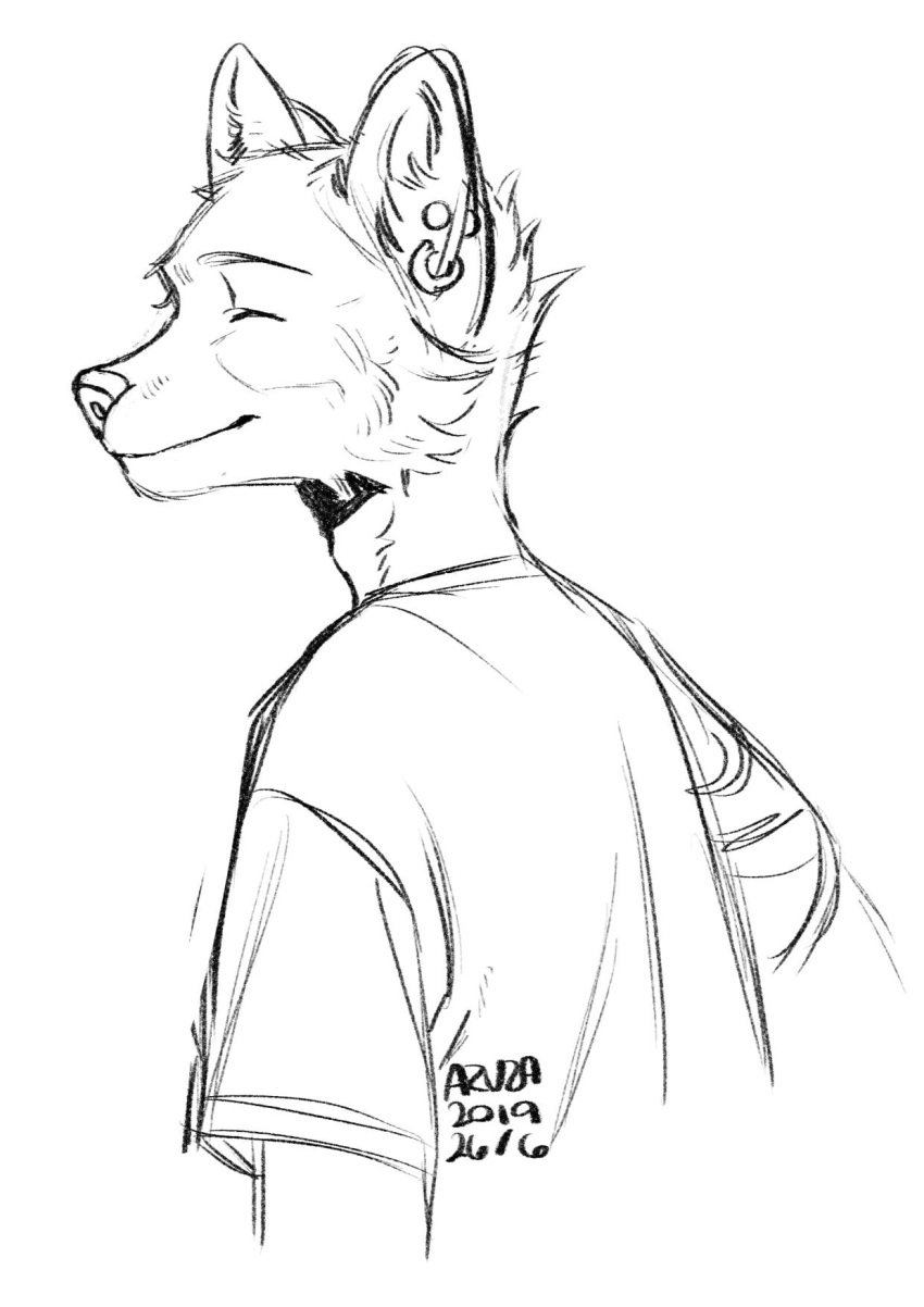 2019 anthro azuza barbell_piercing black_and_white canid cheek_tuft closed_smile clothed clothing dated ear_barbell ear_piercing ear_ring eyes_closed facial_tuft happy head_tuft hi_res inner_ear_fluff male mammal monochrome mouth_closed piercing ring_piercing shirt signature simple_background solo t-shirt three-quarter_view topwear tuft