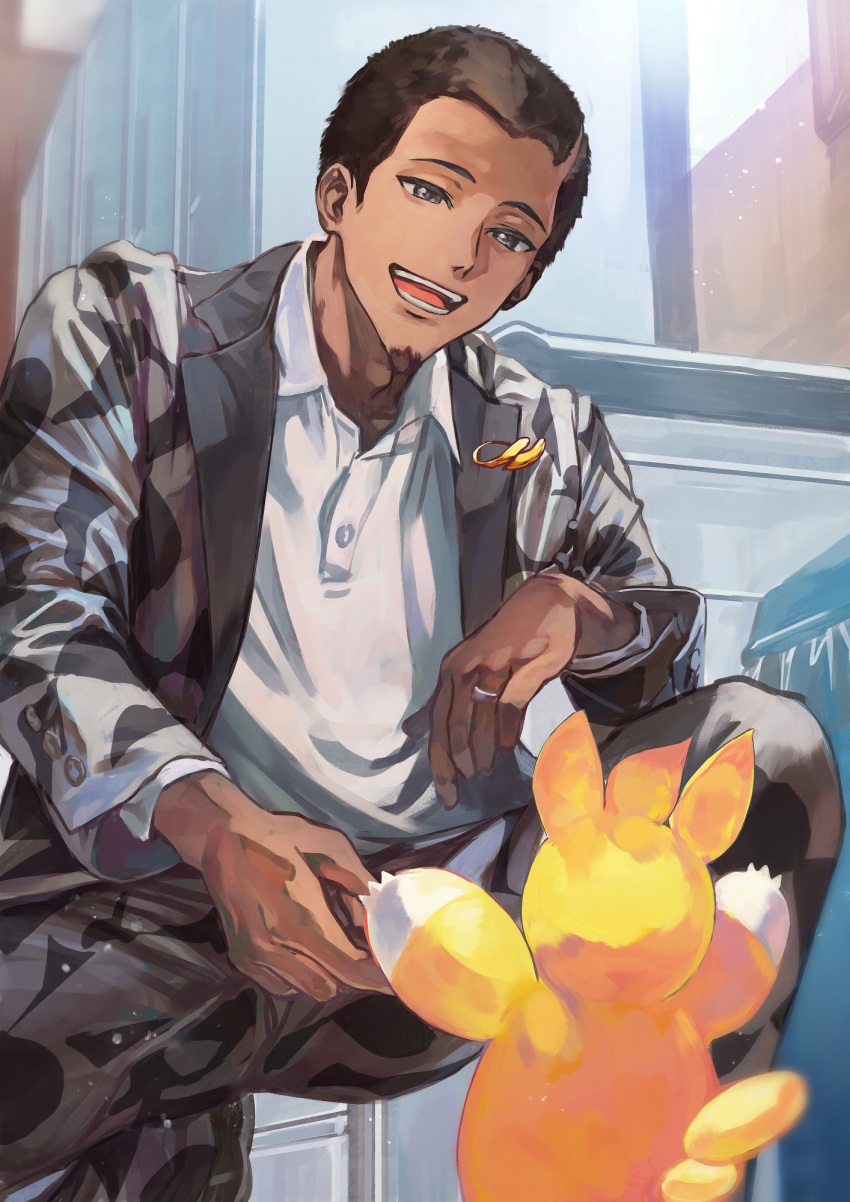 1boy :d brown_hair buttons collared_shirt commentary_request facial_hair goatee grey_eyes half-closed_eyes highres jacket jewelry long_sleeves looking_down male_focus one_knee open_clothes open_jacket open_mouth otsudou pants pawmi pokemon pokemon_(creature) pokemon_(game) pokemon_sv ring salvatore_(pokemon) shirt short_hair smile teeth tongue white_shirt