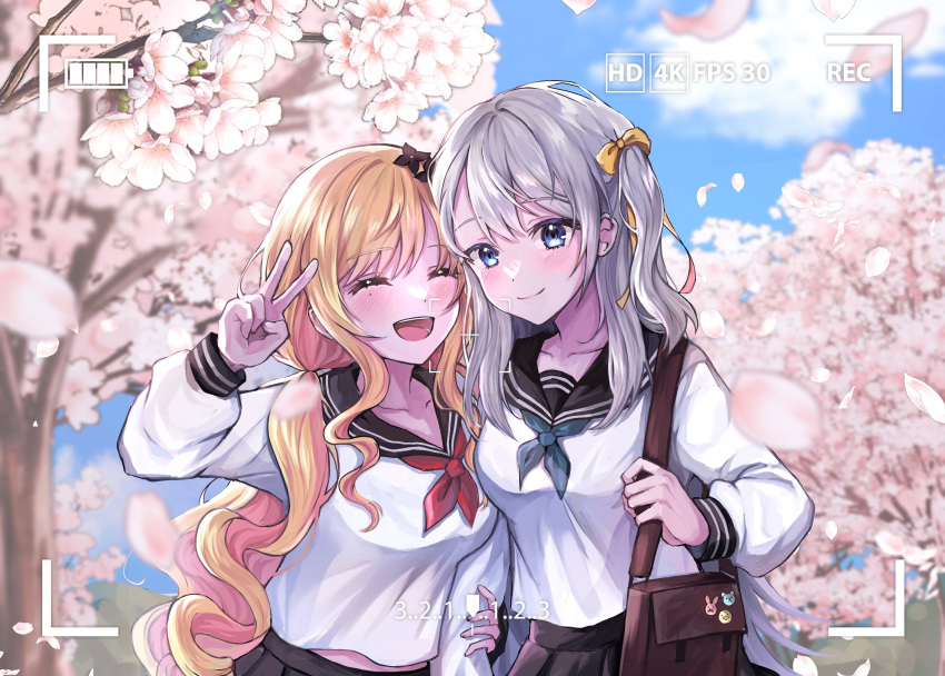 2girls :d ^_^ bag ban_hada battery_indicator blonde_hair blue_eyes blue_neckerchief blush bow breasts cherry_blossoms closed_eyes collarbone colored_inner_hair dochmaru grey_hair hair_bow highres holding holding_another's_arm holding_bag korean_commentary long_hair medium_breasts midriff_peek mole mole_under_eye multicolored_hair multiple_girls neckerchief nijisanji nijisanji_kr one_side_up open_mouth petals pink_hair recording red_neckerchief school_uniform seffyna serafuku shirt smile very_long_hair viewfinder virtual_youtuber white_shirt yellow_bow