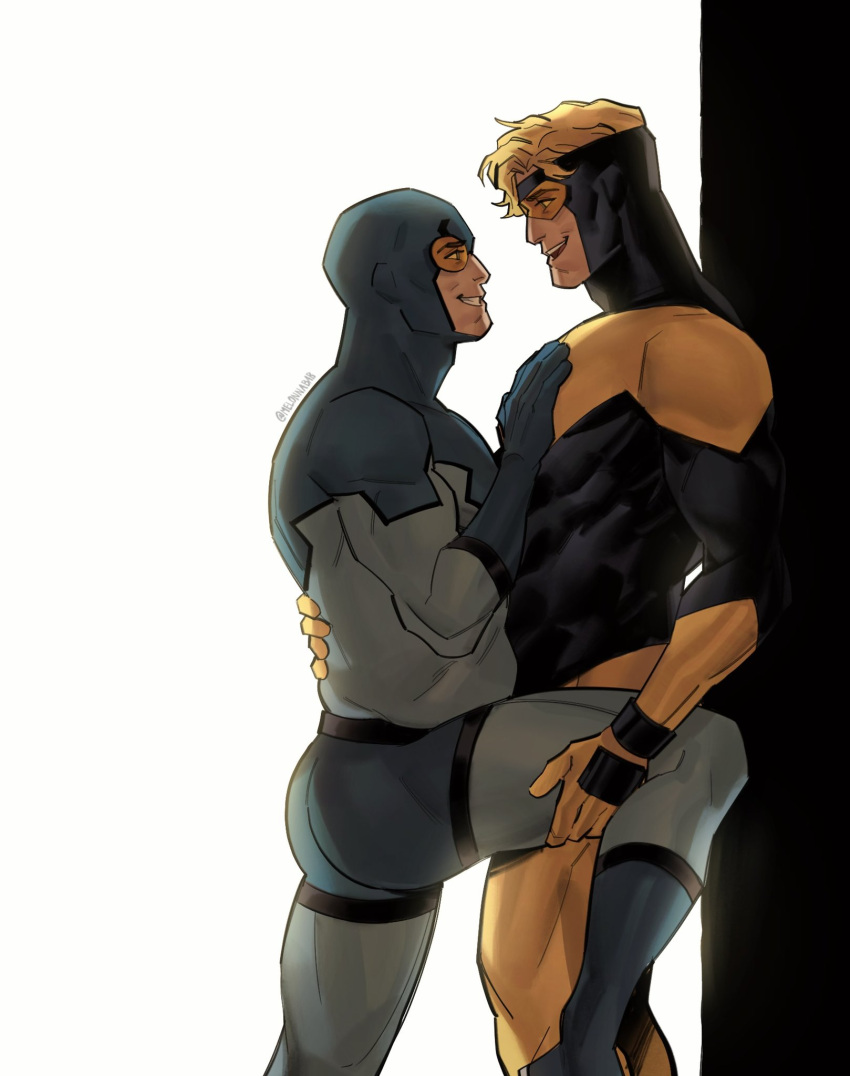 2boys ass bara black_bodysuit blonde_hair blue_beetle blue_bodysuit bodysuit booster_gold couple dc_comics highres holding_another's_leg large_pectorals leg_up looking_at_another male_focus melonnabar multiple_boys muscular muscular_male pectorals short_hair smile thick_thighs thighs twitter_username two-tone_bodysuit yaoi yellow_bodysuit